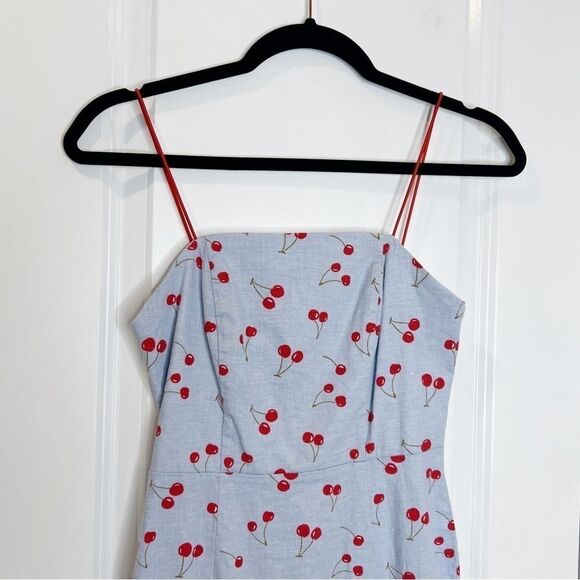 Urban Outfitters Cherry Dress Size 0 Linen Blend Blue Red - Picture 5 of 10